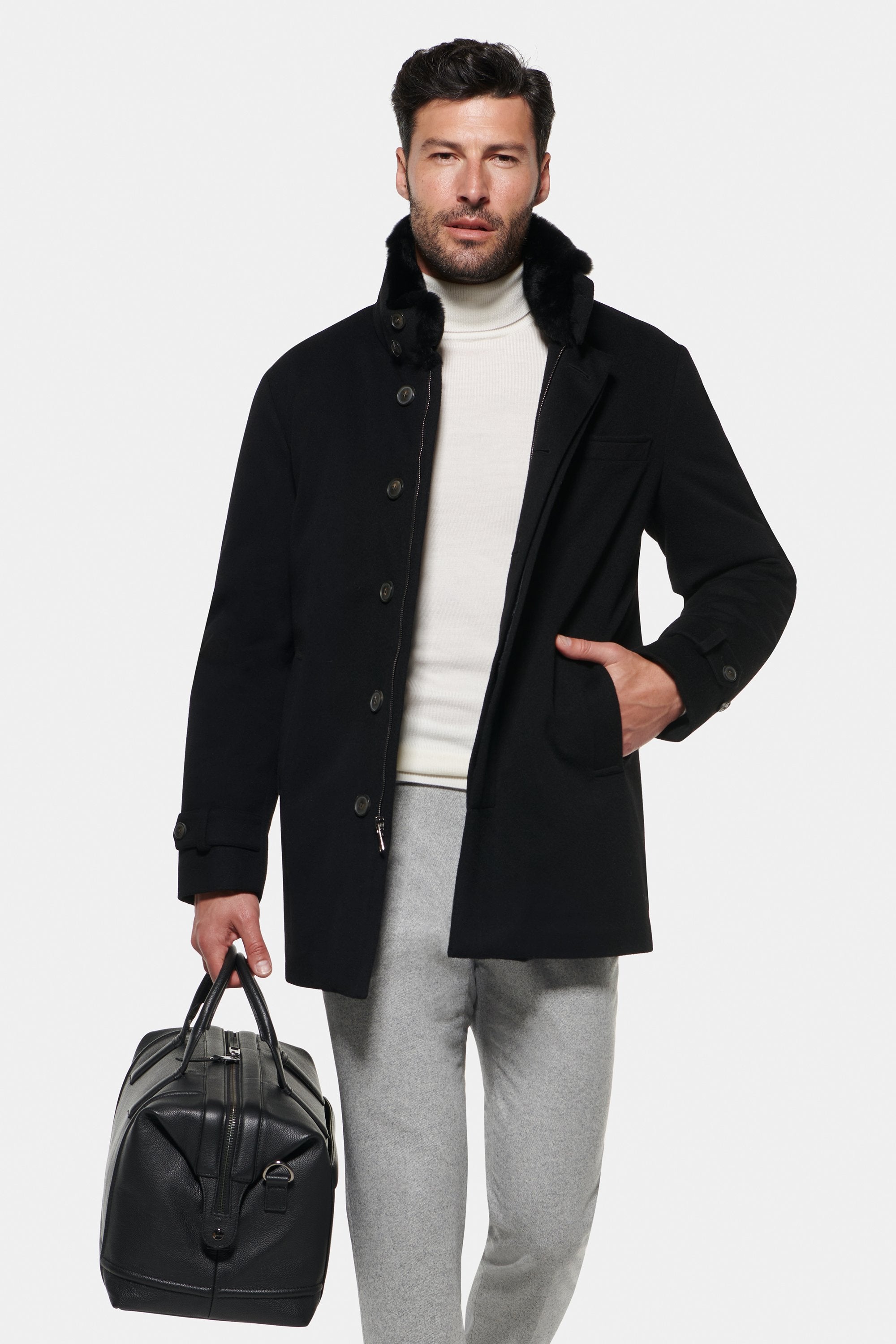 Pure Cashmere Fur Trimmed Car Coat, Black – Norwegian Wool